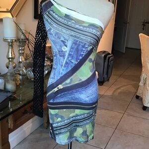 One-Shoulder Camouflage and Denim Print Dress